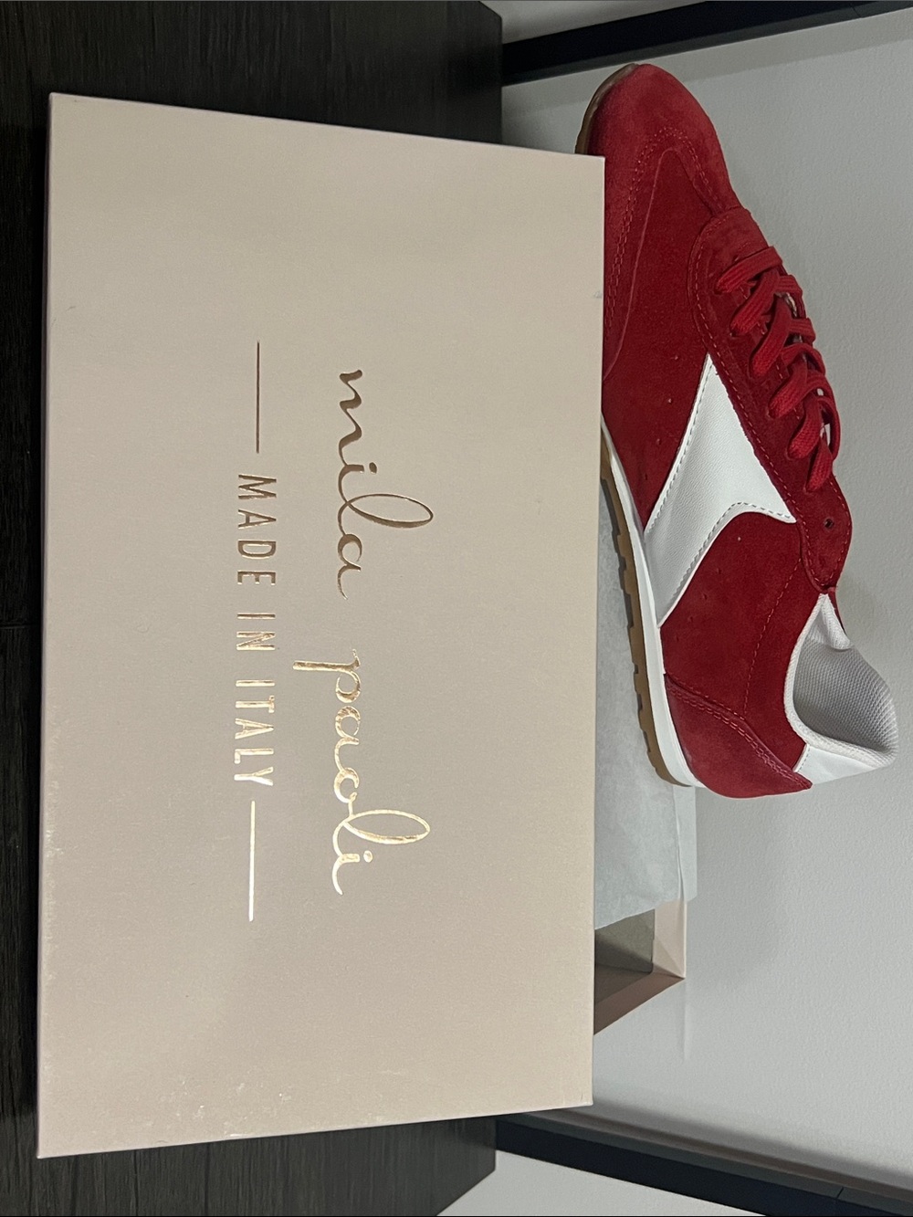 Mila Paoli Red Suede Sneaker with White Accent